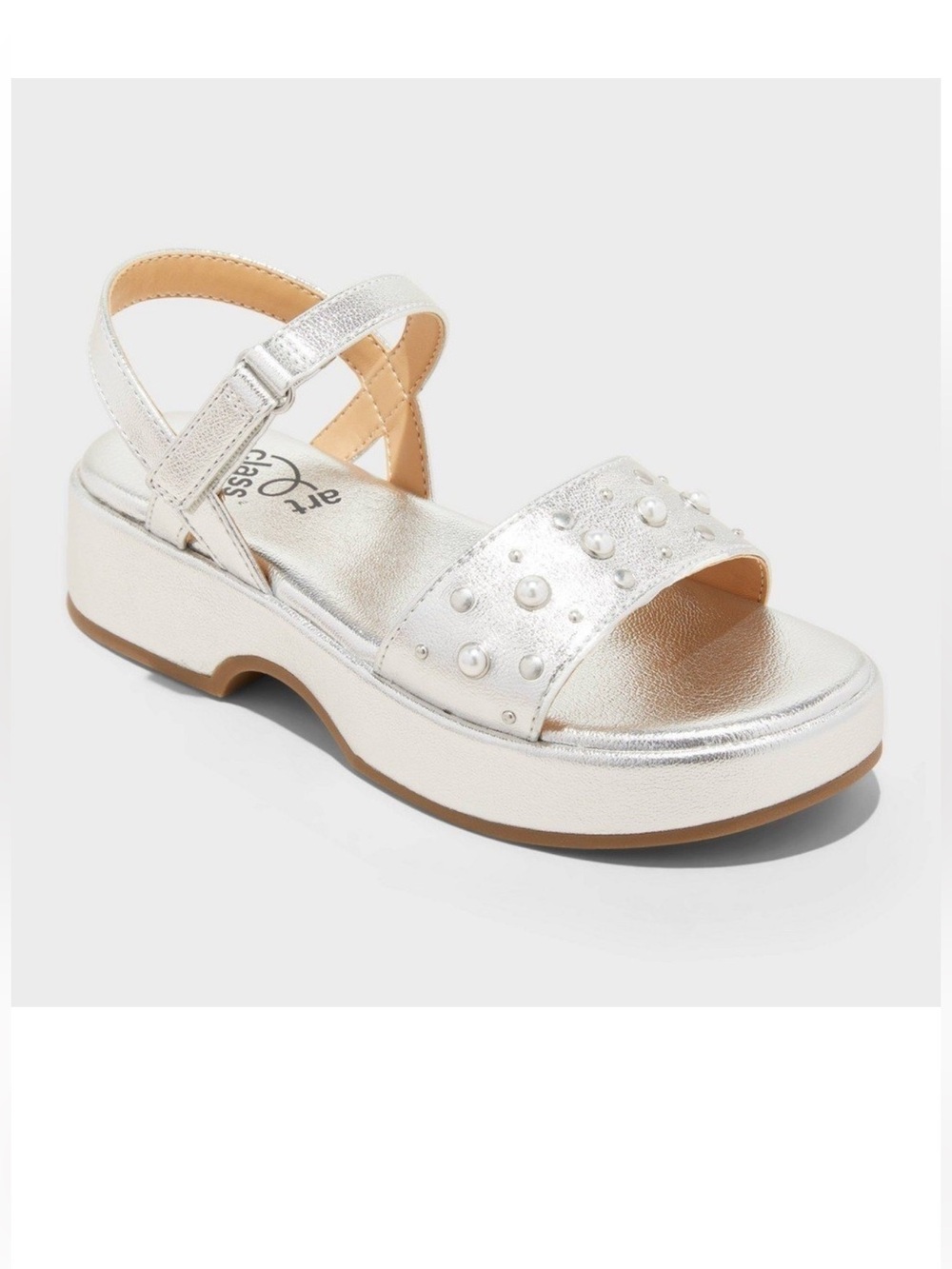 Girls Pearl-Embellished Metallic Silver Platform Sandals